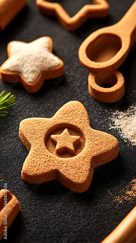 Christmas Baking Scene with Star-Shaped Gingerbread Cookies and Cutters Christmas Baking Scene with Star-Shaped Gingerbread Cookies and Cutters