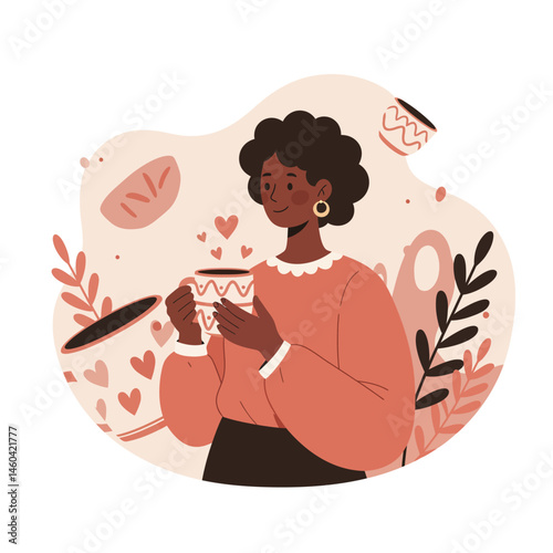 Woman enjoying warm coffee cup with heart designs in cozy setting with plants and bread vector illustration 