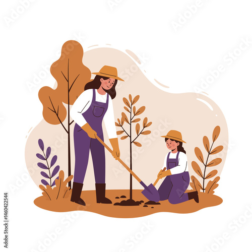 Woman and child planting tree together in autumn garden with brown and purple plants vector illustration 
