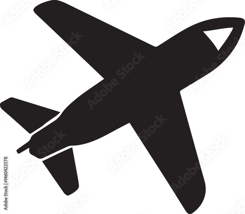 airplane silhouette, black and white, simple icon, minimalist design, top-down view, commercial jet, aviation symbol, flat graphic, clean lines, sharp contrast, vector style, travel emblem, flight rep