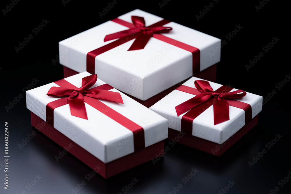 Obraz premium 黒背景に並べた白と赤のギフトボックス