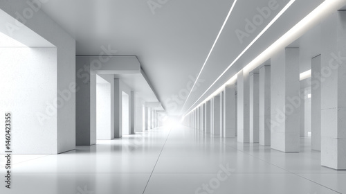3D render of an empty, modern white concrete corridor with abstract columns