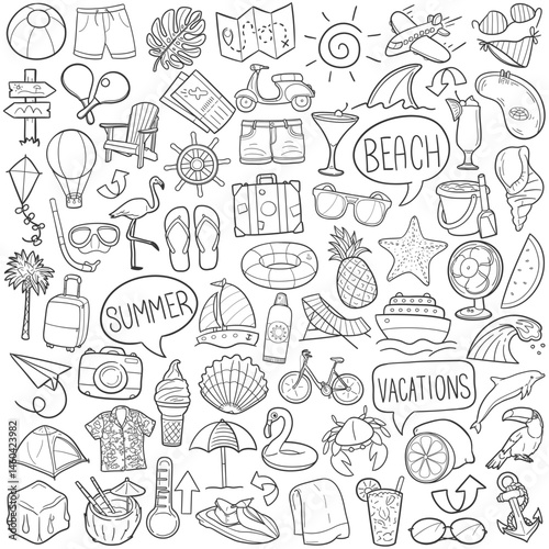 Summer Doodle Icons Black and White Line Art. Vacation Clipart Hand Drawn Symbol Design.
