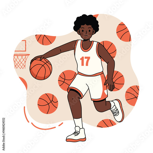Basketball player dribbling ball in white and orange uniform with number 17 on court background vector illustration 