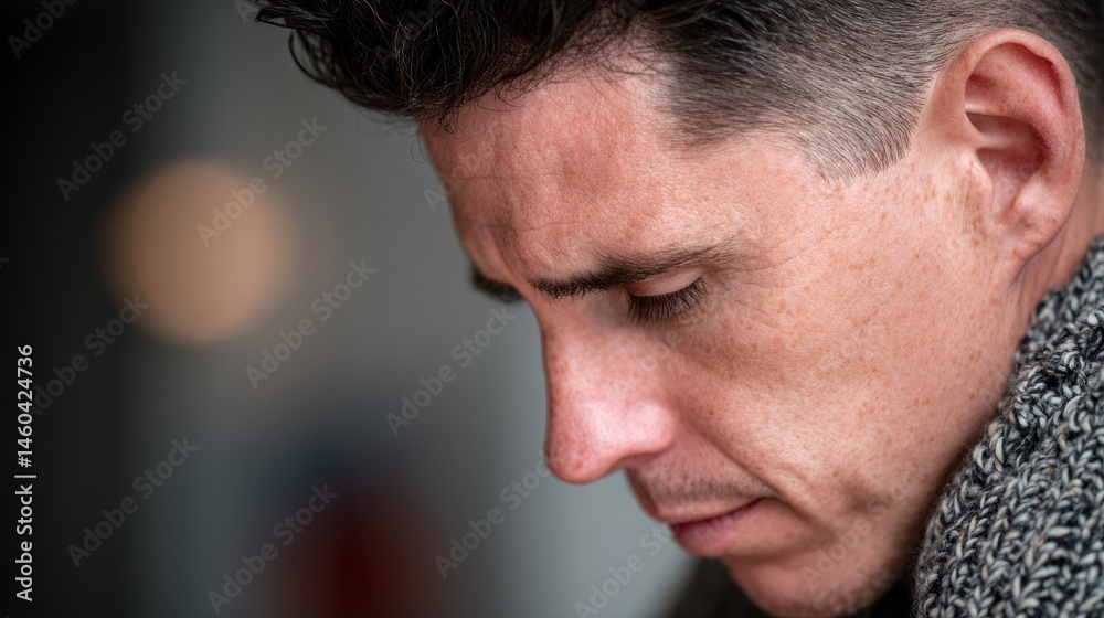 Obraz premium Man in deep thought, looking down with focus. Introspection and quiet determination in a moment of reflection. 