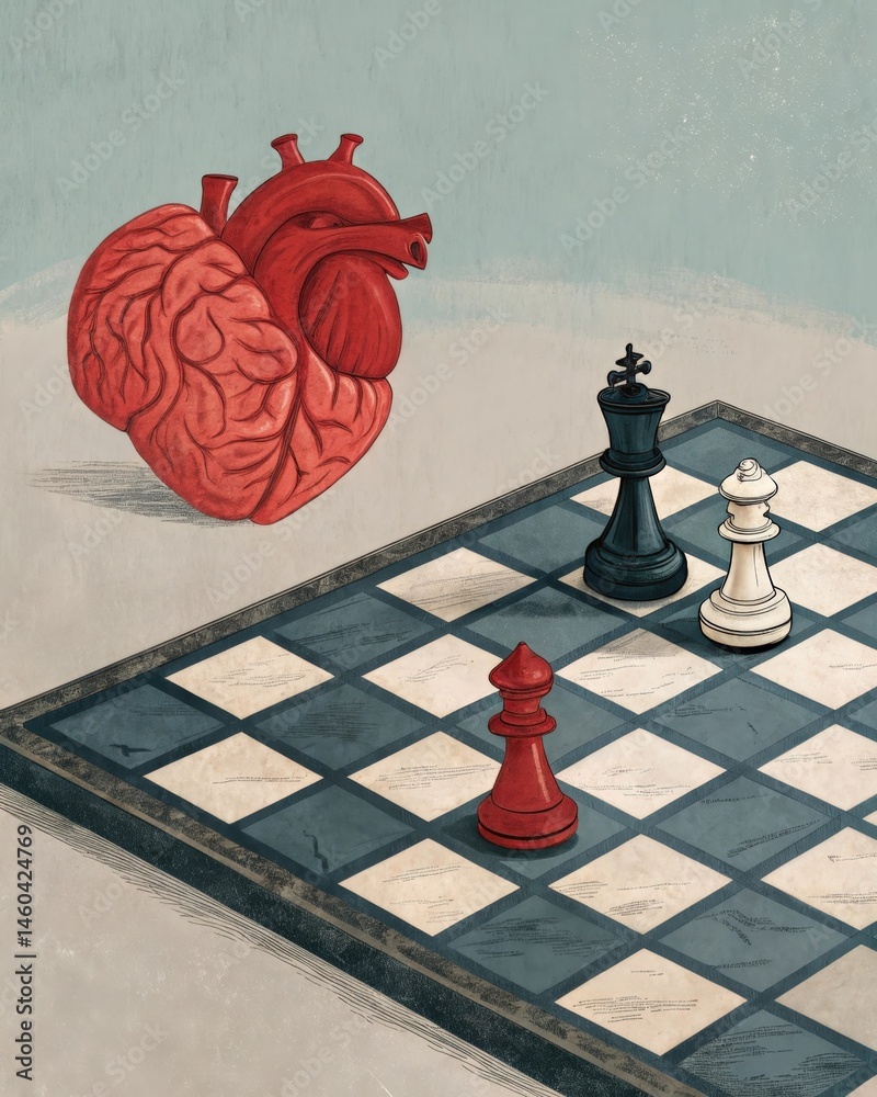 An artistic representation of a heart and a brain battling it out on a chessboard each making strategic moves based on emotions and logic.