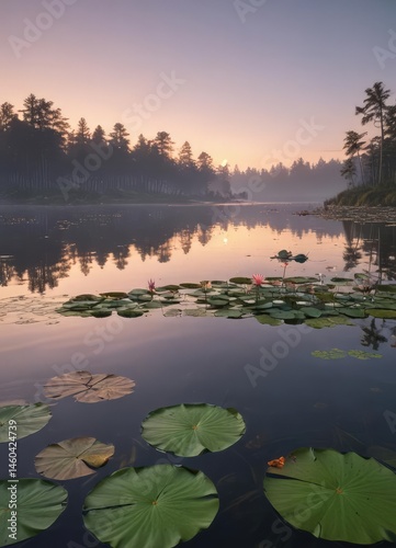 Softly glowing lily pads float on a calm dawn lake  ,  water lily,  golden hour