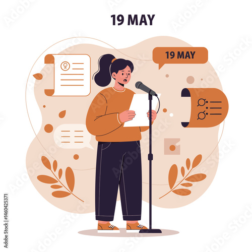 Woman giving speech on 19 May with microphone and notes in autumn colors vector illustration 