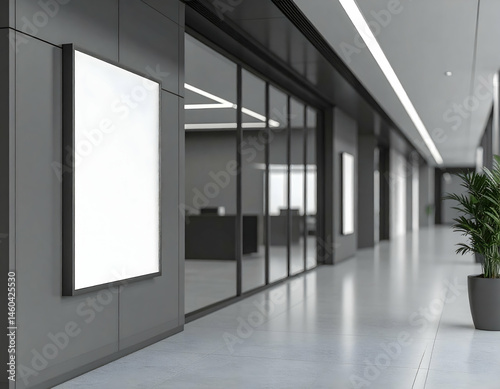 Wallpaper Mural Modern office corridor featuring blank advertising panels, sleek design, and glass meeting rooms Torontodigital.ca