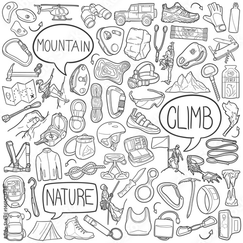 Climb Doodle Icons Black and White Line Art. Mountain Hand Drawn Symbol Design.