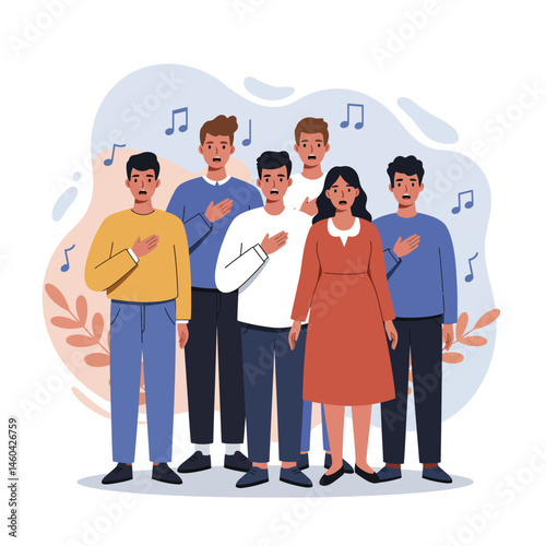Group of diverse people singing together with musical notes vector illustration in casual clothing and harmonious unity 