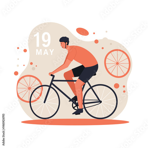Man Cycling on Black Bicycle Wearing Helmet and Orange Shirt on May Nineteenth Vector Illustration 