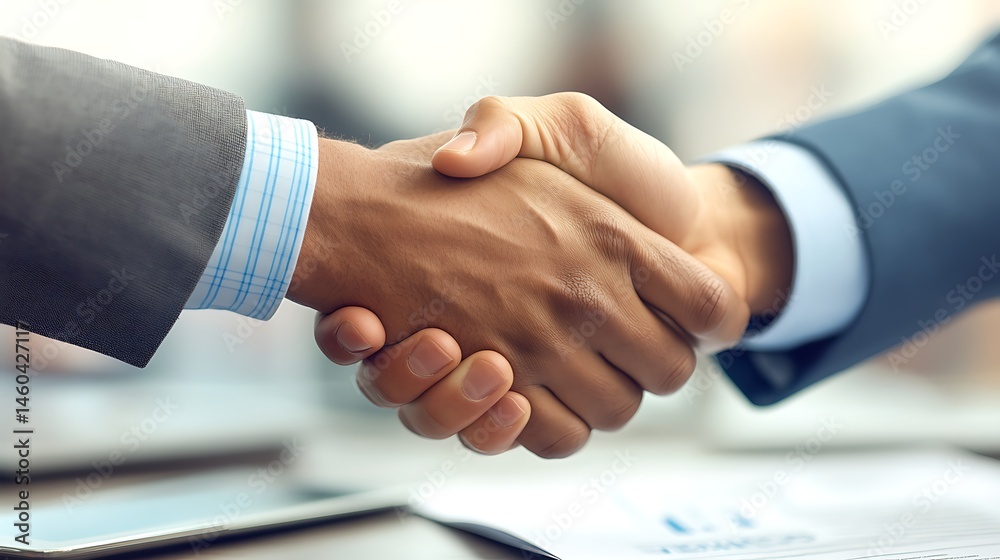 Business Handshake Over Desk with Documents, Close-up of two businesspeople shaking hands over a desk with documents Business Handshake Over Desk with Documents, Close-up of two businesspeople shaking hands over a desk with documents