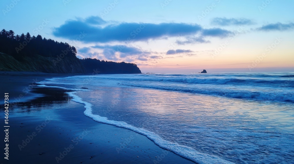 Fototapeta premium Ethereal coastal scene, tranquil waves meet forested cliffs at twilight