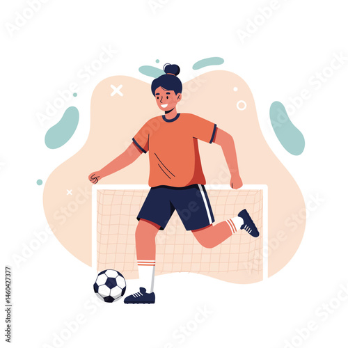 Female soccer player kicking ball near goal net in casual sportswear vector illustration 