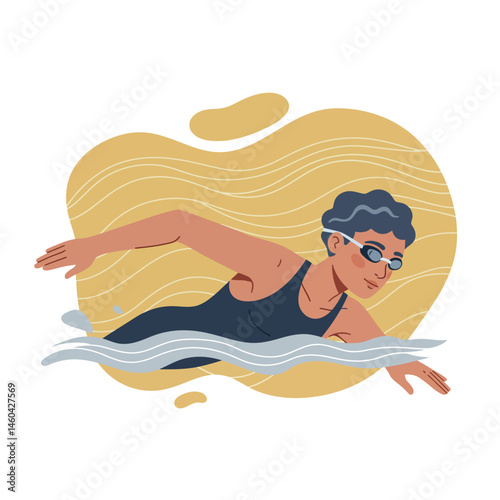 Woman swimming in pool with goggles and dark swimsuit in calm water vector illustration 