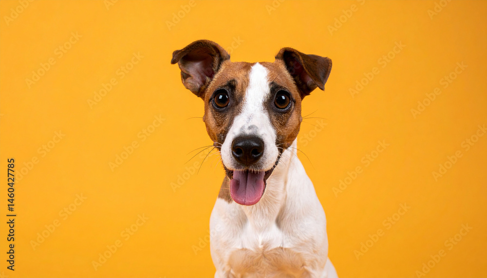 funny litllte dog at orange background funny litllte dog at orange background