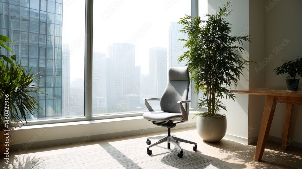 Fototapeta premium Minimalist workspace with ergonomic chair and greenery, bathed in soft daylight. A serene blend of comfort and modern simplicity. 