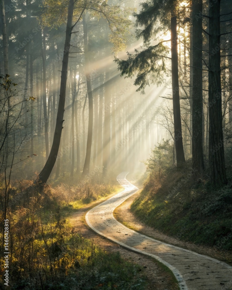 A winding path through a dense forest illuminated by sunlight illustrating the journey of selfdiscovery and growth beyond challenges.