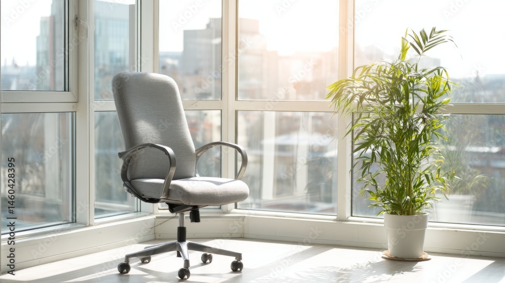 Fototapeta premium Minimalist workspace with ergonomic chair and greenery, bathed in soft daylight. A serene blend of comfort and modern simplicity. 