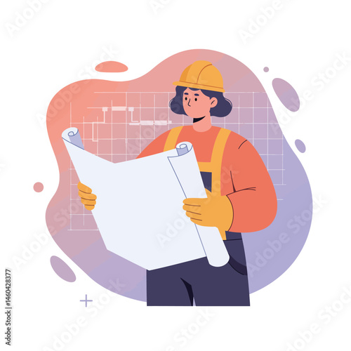 Female engineer holding blueprint wearing hard hat and gloves in construction site vector illustration 