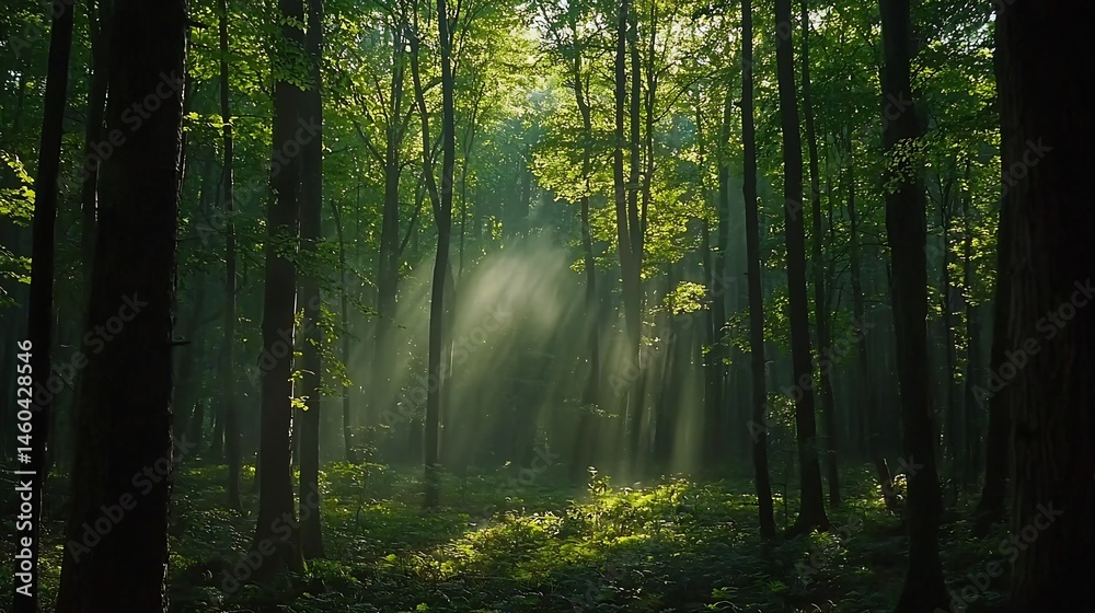 Naklejka premium Deep forest sunlight filtering through the leaves soft mist hovering above the ground cinematic woodland tranquility