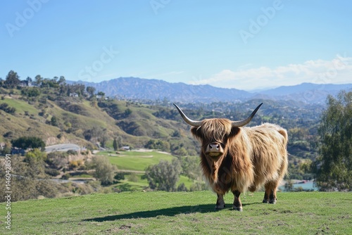 Highland Cow in Scenic Farmland Field Marshaling Agricultural Landscape photo