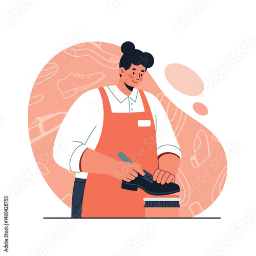 Shoe polisher cleaning footwear with brush in orange apron vector illustration of shoe care and maintenance 