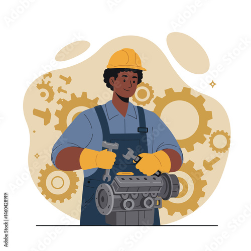 Mechanic fixing engine with wrench in workshop surrounded by gears and tools vector illustration 