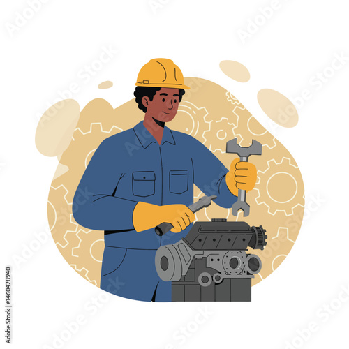 Mechanic repairing engine using wrench and screwdriver in industrial setting with gears background illustration vector 