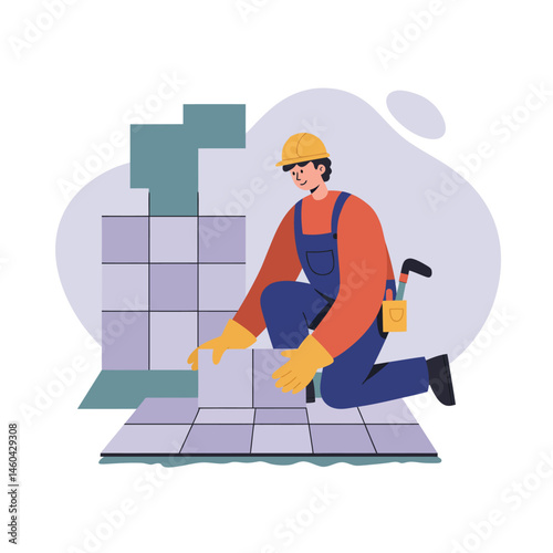 Construction worker laying tiles on floor wearing safety gear and helmet vector illustration 