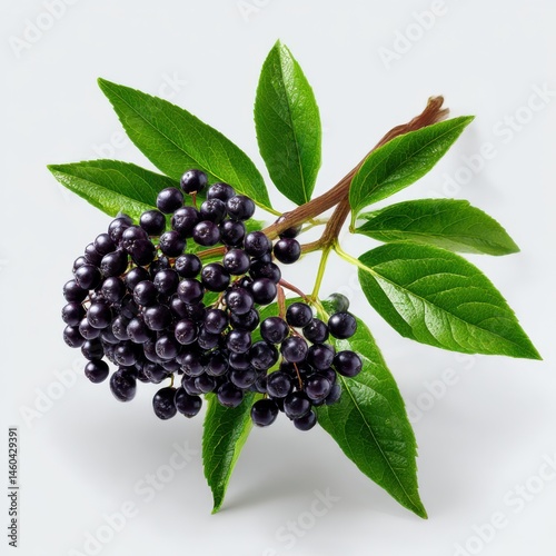 Elderberry branch isolated on white background with green leaves