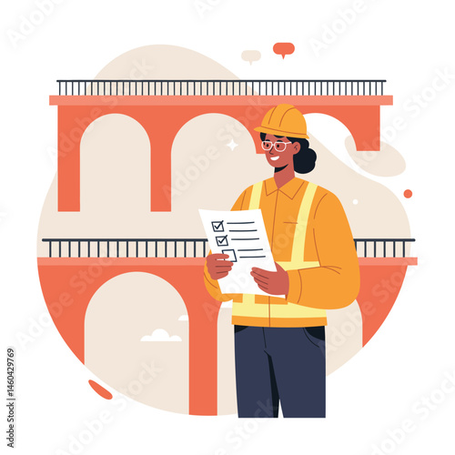 Construction engineer holding checklist in front of bridge infrastructure vector illustration 