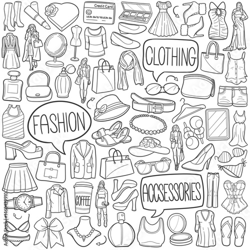 Fashion Doodle Icons Black and White Line Art. Shopping Clipart Hand Drawn Symbol Design.