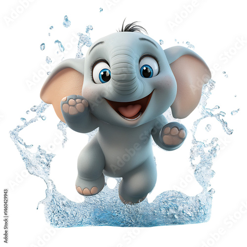 Cartoon Elephant Splashing Water Isolated on Transparent Background