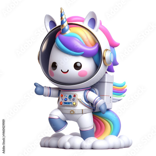 3d happy unicorn astronaut isolated on white background