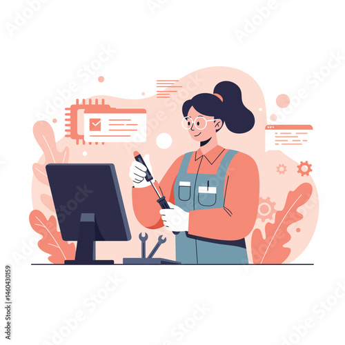Female electronics technician repairing computer hardware with screwdriver in modern workspace vector illustration 