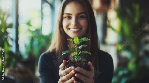Smiling woman holding a small green plant sapling in her hands