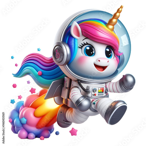 3d happy unicorn astronaut isolated on white background