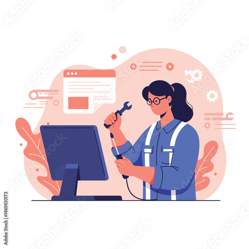 Female computer technician repairing desktop hardware with tools in modern digital workspace vector illustration 