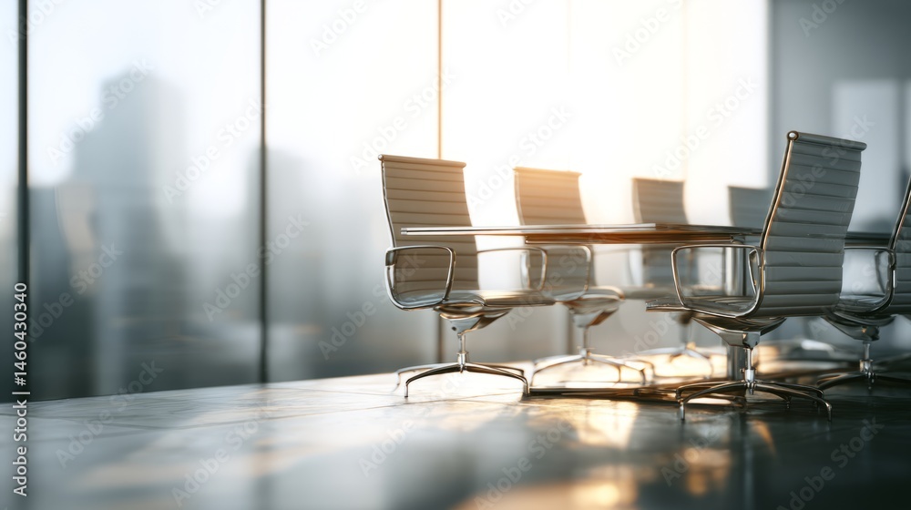 Fototapeta premium Empty chairs around a sleek table in a modern conference room, symbolizing collaboration and professionalism in a corporate setting. 
