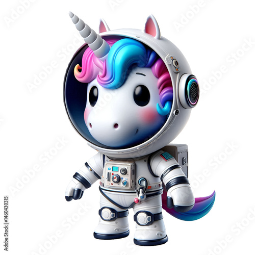 3d happy unicorn astronaut isolated on white background