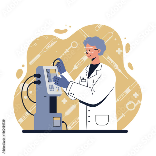 Scientist operating laboratory equipment in white coat with blue gloves and gray hair in medical research setting 
