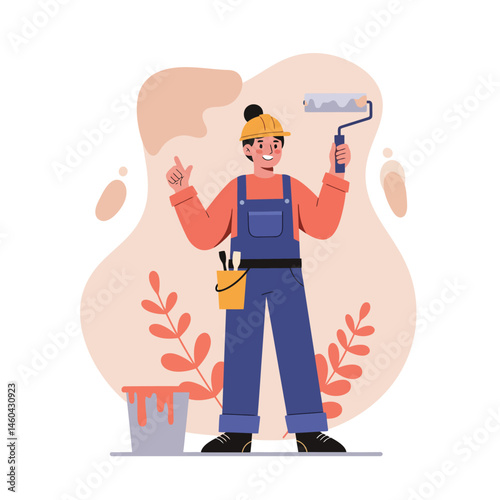 Construction worker with paint roller and tool belt wearing yellow helmet and blue overalls vector illustration 