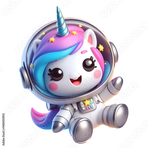 3d happy unicorn astronaut isolated on white background