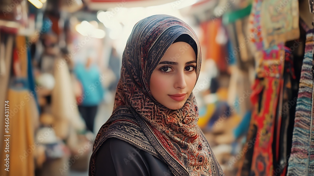 A young woman in a patterned headscarf within a market setting. A young woman in a patterned headscarf within a market setting.