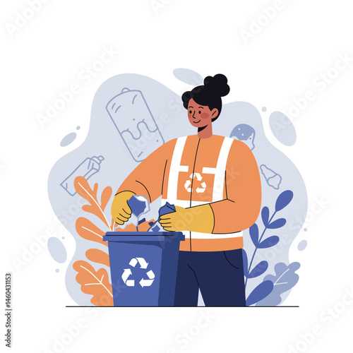 Woman recycling plastic bottles and containers in blue bin for environmental sustainability and waste management awareness 