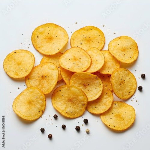 A top down view of a pile of round potato chips with black pepper on a white background surface