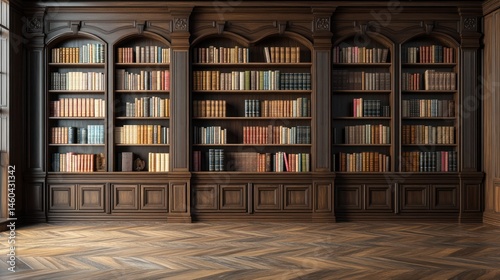 Wooden Bookcase with Books and Parquet Floor