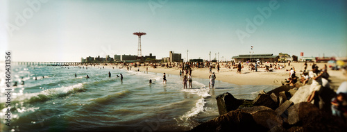 Panoramic view of tourists on the beach, Coney Island, Brooklyn, New York City, New York State, USA.